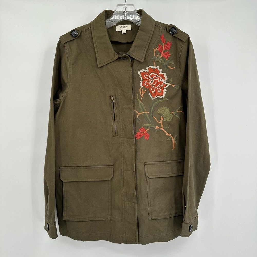 Umgee Womens Boho Utility Jacket Size S Embroidered Floral Army‎ Green Oversized